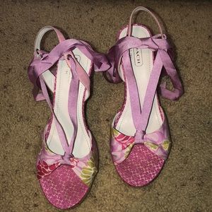 pink lace-up coach high heels